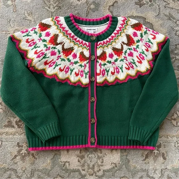 ❌SOLD❌Lands' End Women's Lofty Birdseye Fair Isle Cardigan Sweater Size Large - Picture 3 of 8
